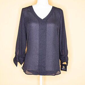 Fortune + Ivy Black Long Sleeve Semi Sheer Blouse with Bow Tie Cuffs, Size M